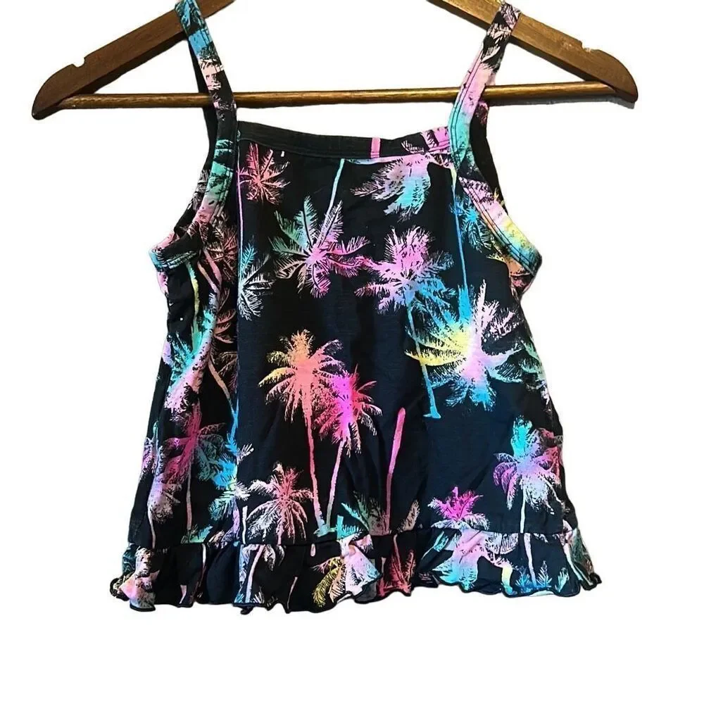 Justice Girls Black Palm Tree‎ Rainbow Graphic Tank Top Ruffle Hem Size M